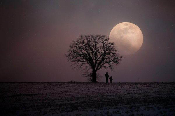 Kind und erwachsener betrachten Mond über Winterlandschaft